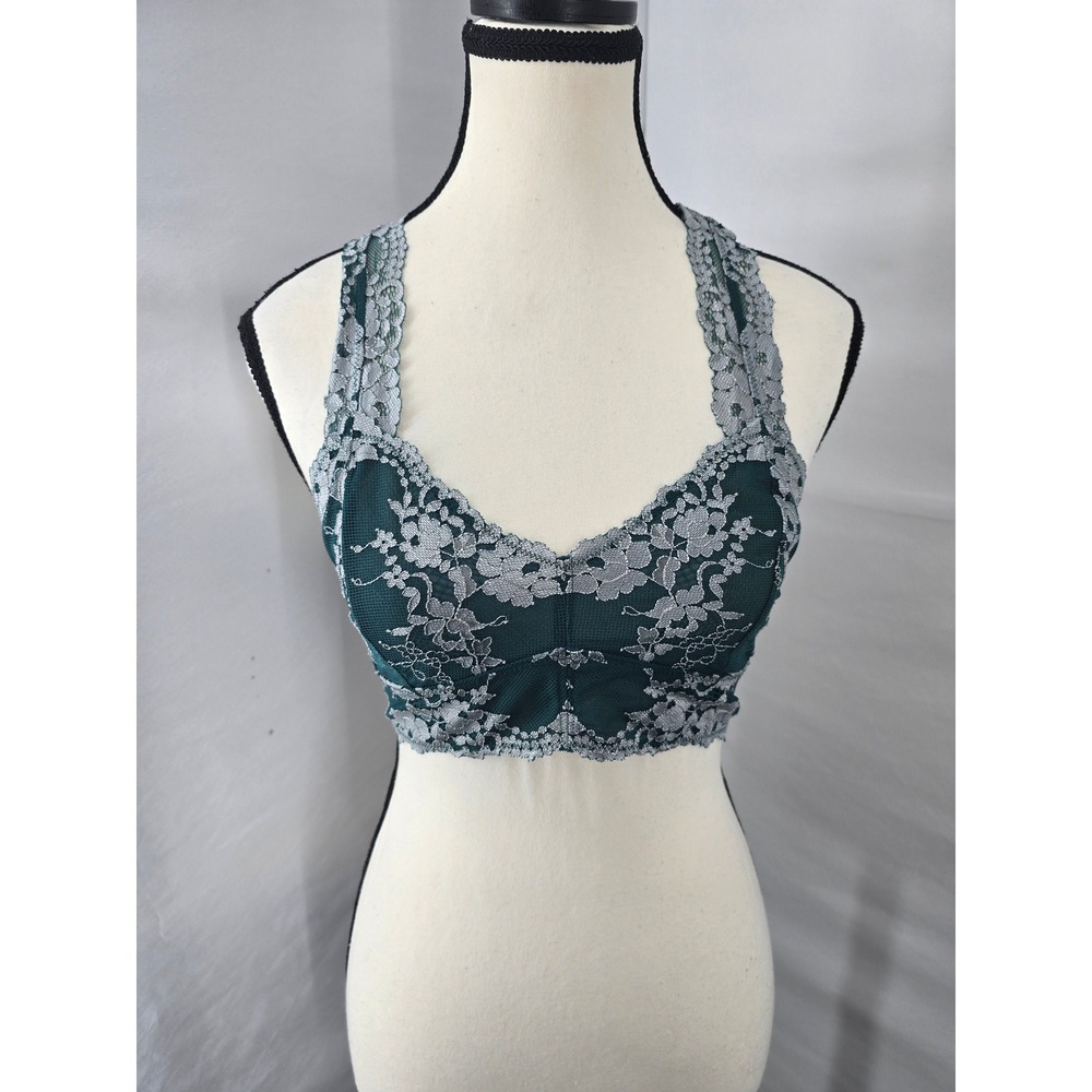 Wishes Dark Green Silver Floral Lace Racerback Bralette T8328 Medium NWT
